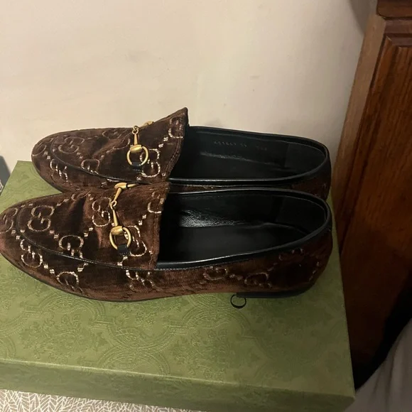 Gucci Brown Velvet Loafers with Gold Accent
